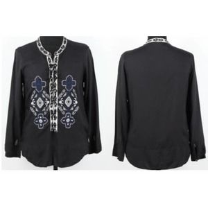 ODD MOLLY Anthropologie Boho Embroidered Lace Up Black Blue White Top Large‎